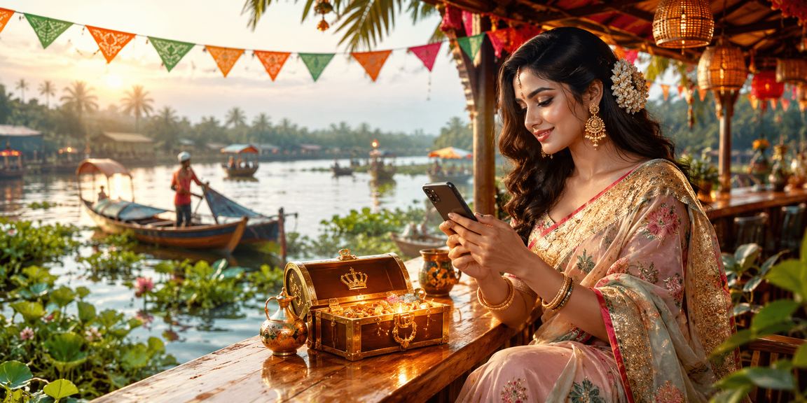 A woman in a saree in Barishal viewing cricket and football betting analysis on a mobile phone